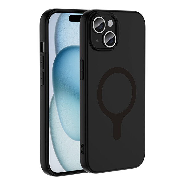 Başkenttekno iPhone 15 Kılıf M-Safe Şarj Özellikli Kamera Korumali Premium Soft Aris Silikon Kapak Siyah
