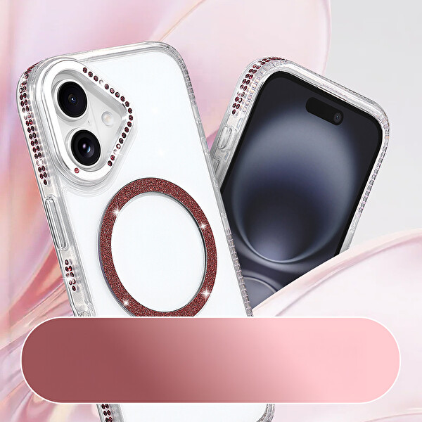 Başkenttekno iPhone 16 Kılıf Premium M-Safe Şarj Özellikli Şeffaf Kenari Taşli Simli Tera Silikon Kapak Mürdüm