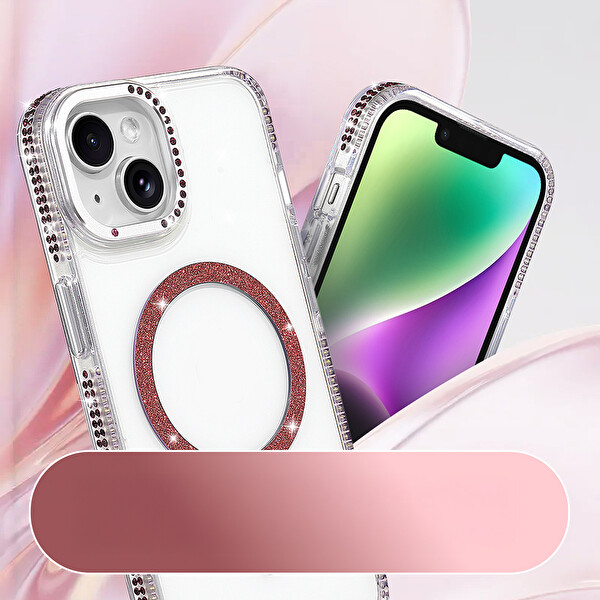 Başkenttekno iPhone 13 Kılıf Premium M-Safe Şarj Özellikli Şeffaf Kenari Taşli Simli Tera Silikon Kapak Mürdüm