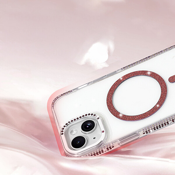 Başkenttekno iPhone 13 Kılıf Premium M-Safe Şarj Özellikli Şeffaf Kenari Taşli Simli Tera Silikon Kapak Mürdüm