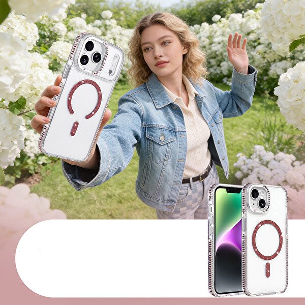 Başkenttekno iPhone 13 Kılıf Premium M-Safe Şarj Özellikli Şeffaf Kenari Taşli Simli Tera Silikon Kapak Mürdüm