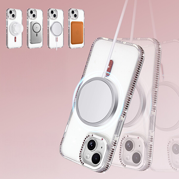 Başkenttekno iPhone 13 Kılıf Premium M-Safe Şarj Özellikli Şeffaf Kenari Taşli Simli Tera Silikon Kapak Mürdüm