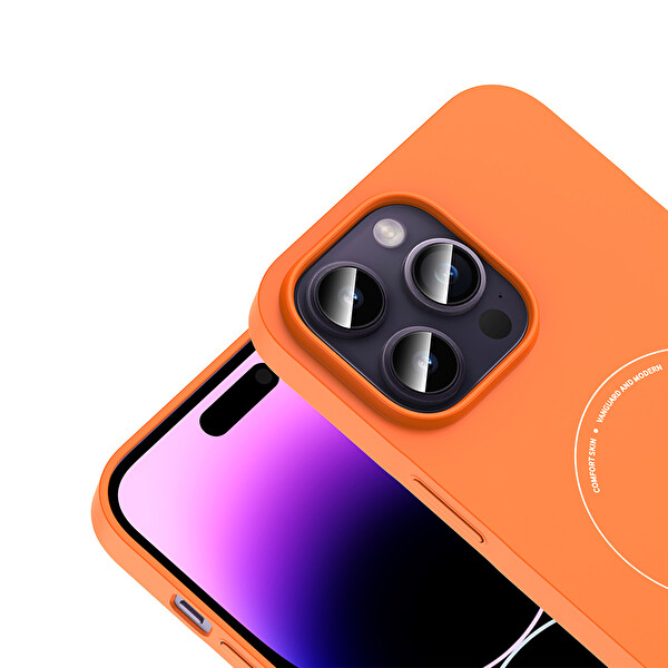Başkenttekno iPhone 14 Pro Max Kılıf M-Safe Şarj Özellikli Kamera Korumalı Premium Elio Sert PC Kapak Turuncu