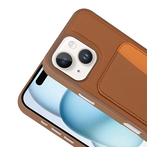 Başkenttekno iPhone 13 Uyumlu Kartlıklı Süni Deri X-Kart Cüzdan Silikon Kapak Kahverengi