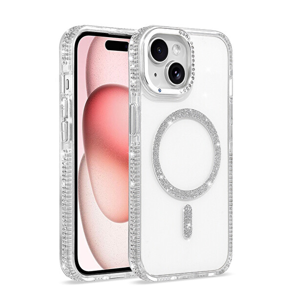 Başkenttekno iPhone 15 Kılıf Premium M-Safe Şarj Özellikli Şeffaf Kenari Taşli Simli Tera Silikon Kapak Şeffaf
