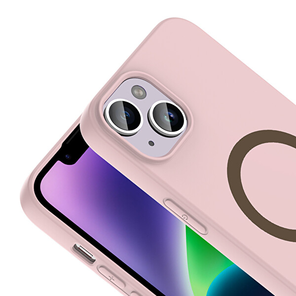 Başkenttekno iPhone 14 Kılıf M-Safe Şarj Özellikli Kamera Korumali Premium Soft Aris Silikon Kapak Açık Pembe