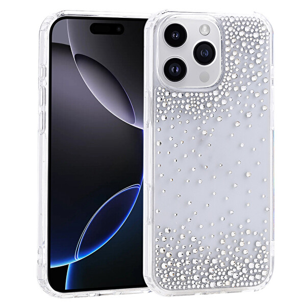 Başkenttekno iPhone 16 Pro Max Kılıf Airbag Tasarımlı Damla Taşlı Şeffaf Pera Silikon Kapak Şeffaf