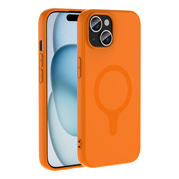 Başkenttekno iPhone 15 Kılıf M-Safe Şarj Özellikli Kamera Korumali Premium Soft Aris Silikon Kapak Turuncu