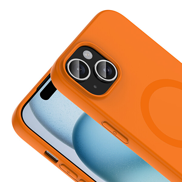 Başkenttekno iPhone 15 Kılıf M-Safe Şarj Özellikli Kamera Korumali Premium Soft Aris Silikon Kapak Turuncu