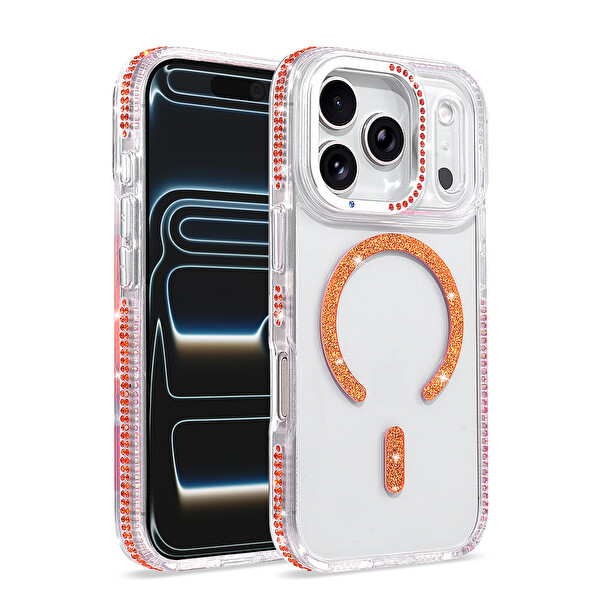 Başkenttekno iPhone 17 Pro Kılıf Premium M-Safe Şarj Özellikli Şeffaf Kenari Taşli Simli Tera Silikon Kapak Turuncu