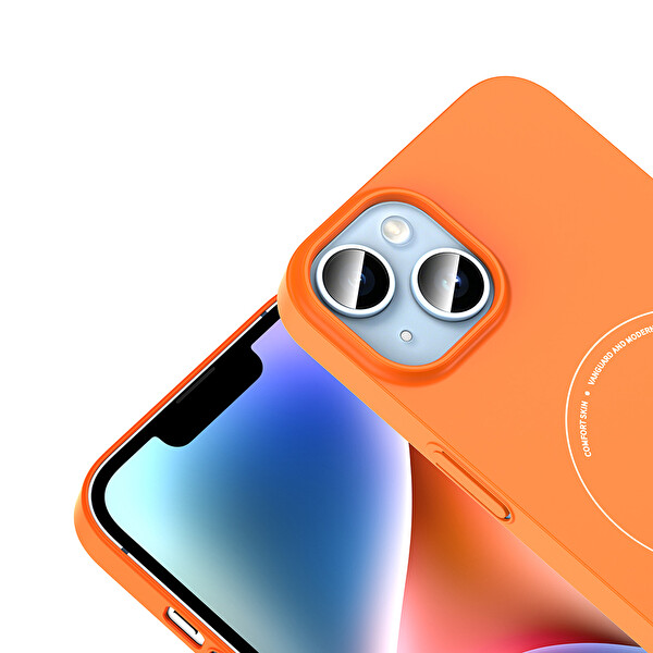 Başkenttekno iPhone 13 Kılıf M-Safe Şarj Özellikli Kamera Korumalı Premium Elio Sert PC Kapak Turuncu