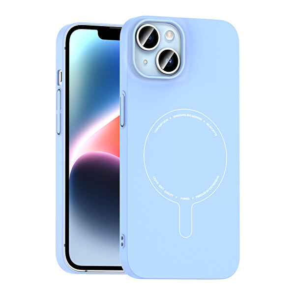 Başkenttekno iPhone 14 Kılıf M-Safe Şarj Özellikli Kamera Korumalı Premium Elio Sert PC Kapak Açık Mavi