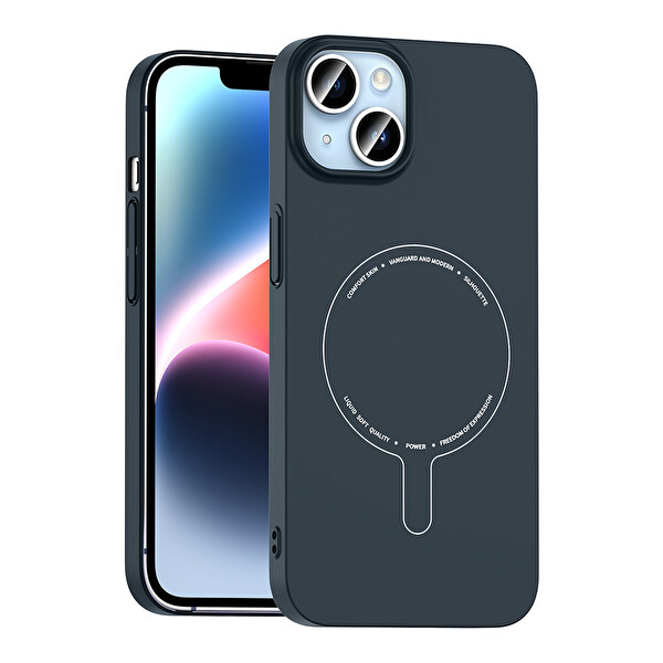 Başkenttekno iPhone 13 Kılıf M-Safe Şarj Özellikli Kamera Korumalı Premium Elio Sert PC Kapak Lacivert