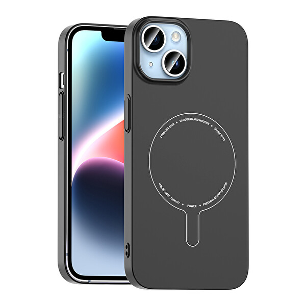 Başkenttekno iPhone 13 Kılıf M-Safe Şarj Özellikli Kamera Korumalı Premium Elio Sert PC Kapak Siyah