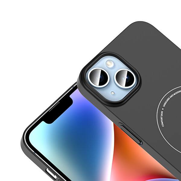 Başkenttekno iPhone 13 Kılıf M-Safe Şarj Özellikli Kamera Korumalı Premium Elio Sert PC Kapak Siyah