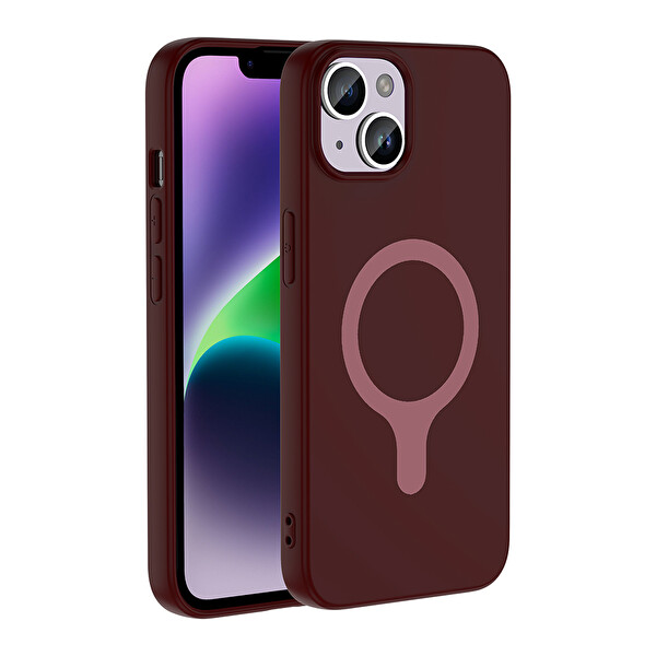 Başkenttekno iPhone 14 Kılıf M-Safe Şarj Özellikli Kamera Korumali Premium Soft Aris Silikon Kapak Mürdüm