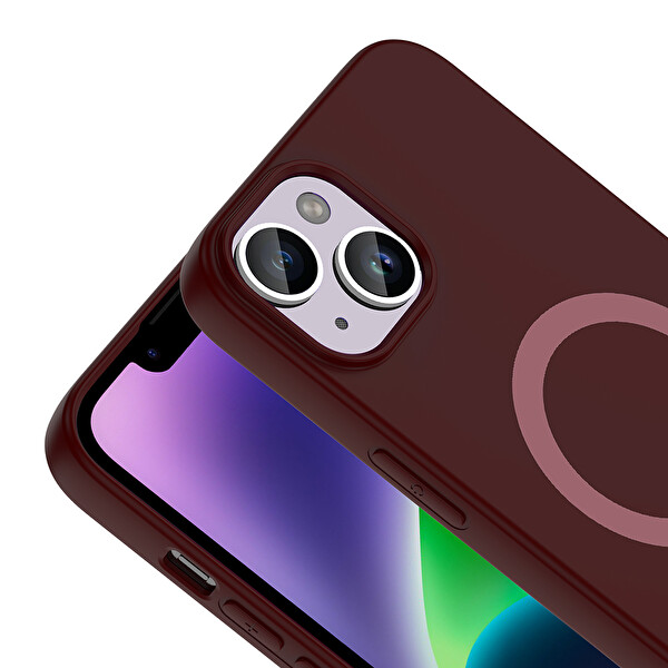 Başkenttekno iPhone 14 Kılıf M-Safe Şarj Özellikli Kamera Korumali Premium Soft Aris Silikon Kapak Mürdüm