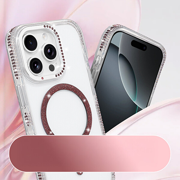 Başkenttekno iPhone 16 Pro Kılıf Premium M-Safe Şarj Özellikli Şeffaf Kenari Taşli Simli Tera Silikon Kapak Mürdüm