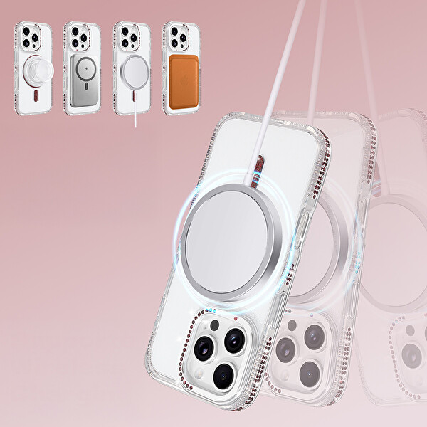 Başkenttekno iPhone 16 Pro Kılıf Premium M-Safe Şarj Özellikli Şeffaf Kenari Taşli Simli Tera Silikon Kapak Mürdüm