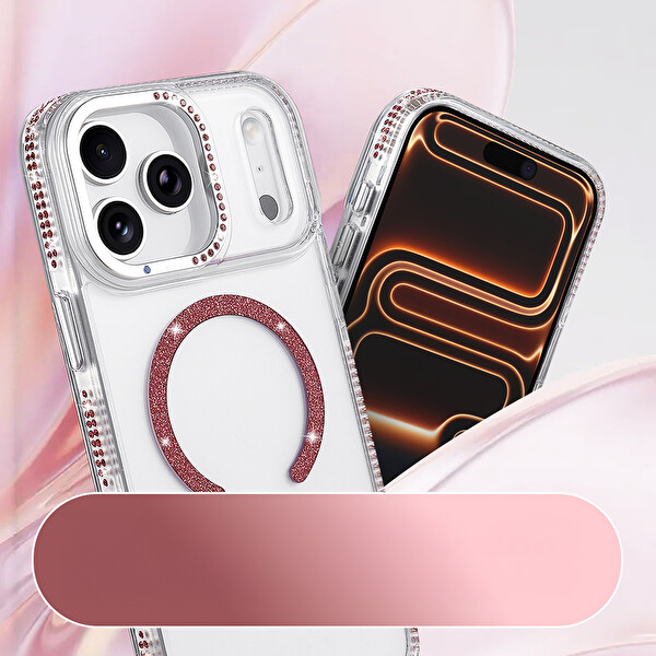Başkenttekno iPhone 17 Pro Max Kılıf Premium M-Safe Şarj Özellikli Şeffaf Kenari Taşli Simli Tera Silikon Kapak Mürdüm