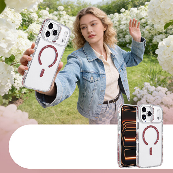 Başkenttekno iPhone 17 Pro Max Kılıf Premium M-Safe Şarj Özellikli Şeffaf Kenari Taşli Simli Tera Silikon Kapak Mürdüm
