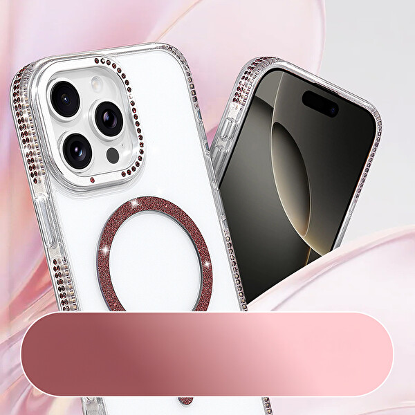 Başkenttekno iPhone 16 Pro Max Kılıf Premium M-Safe Şarj Özellikli Şeffaf Kenari Taşli Simli Tera Silikon Kapak Mürdüm