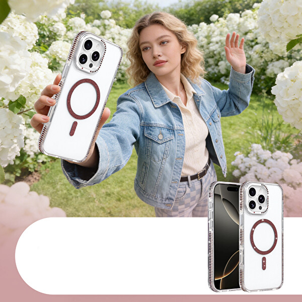 Başkenttekno iPhone 16 Pro Max Kılıf Premium M-Safe Şarj Özellikli Şeffaf Kenari Taşli Simli Tera Silikon Kapak Mürdüm