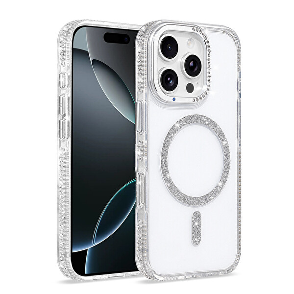Başkenttekno iPhone 16 Pro Kılıf Premium M-Safe Şarj Özellikli Şeffaf Kenari Taşli Simli Tera Silikon Kapak Şeffaf