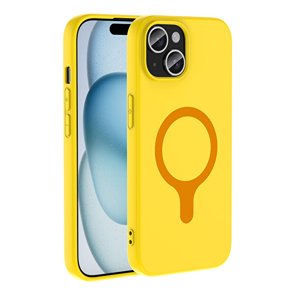 Başkenttekno iPhone 15 Kılıf M-Safe Şarj Özellikli Kamera Korumali Premium Soft Aris Silikon Kapak Sarı