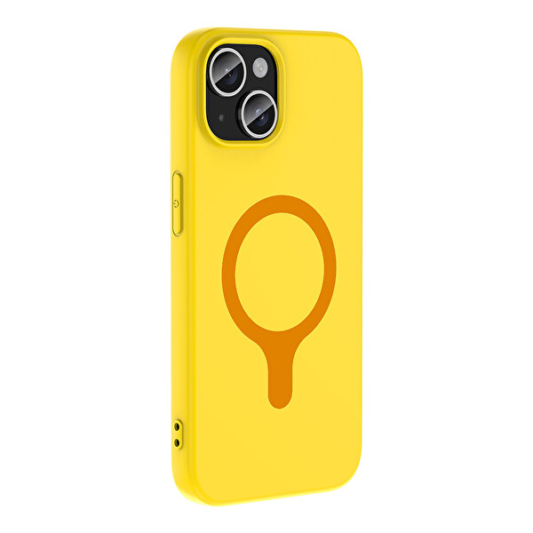 Başkenttekno iPhone 15 Kılıf M-Safe Şarj Özellikli Kamera Korumali Premium Soft Aris Silikon Kapak Sarı