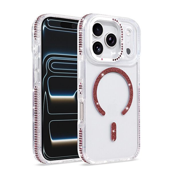 Başkenttekno iPhone 17 Pro Kılıf Premium M-Safe Şarj Özellikli Şeffaf Kenari Taşli Simli Tera Silikon Kapak Mürdüm