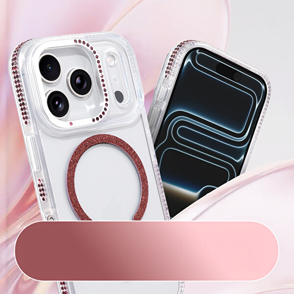 Başkenttekno iPhone 17 Pro Kılıf Premium M-Safe Şarj Özellikli Şeffaf Kenari Taşli Simli Tera Silikon Kapak Mürdüm