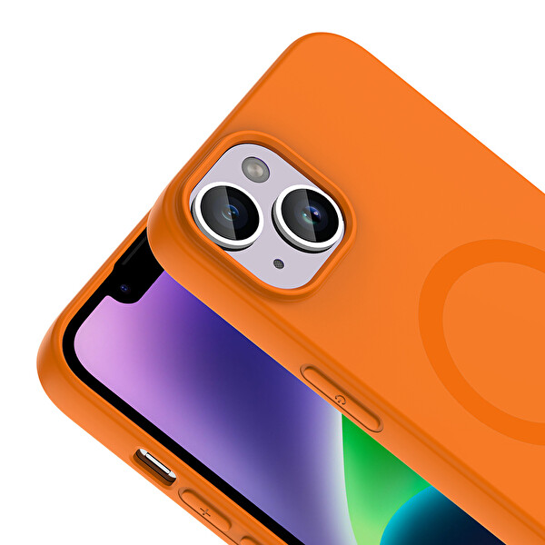 Başkenttekno iPhone 14 Kılıf M-Safe Şarj Özellikli Kamera Korumali Premium Soft Aris Silikon Kapak Turuncu