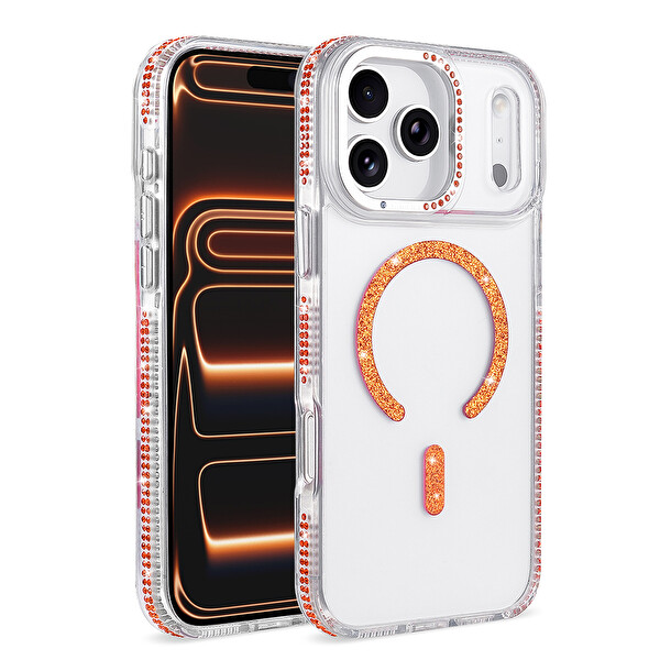 Başkenttekno iPhone 17 Pro Max Kılıf Premium M-Safe Şarj Özellikli Şeffaf Kenari Taşli Simli Tera Silikon Kapak Turuncu