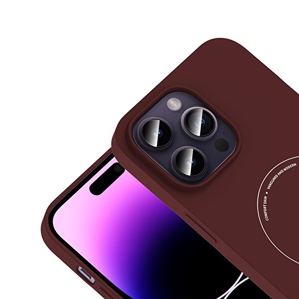 Başkenttekno iPhone 14 Pro Max Kılıf M-Safe Şarj Özellikli Kamera Korumalı Premium Elio Sert PC Kapak Bordo