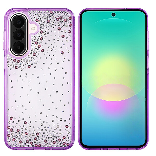 Başkenttekno Samsung Galaxy A27 Kılıf Airbag Tasarımlı Damla Taşlı Şeffaf Pera Silikon Kapak Mor