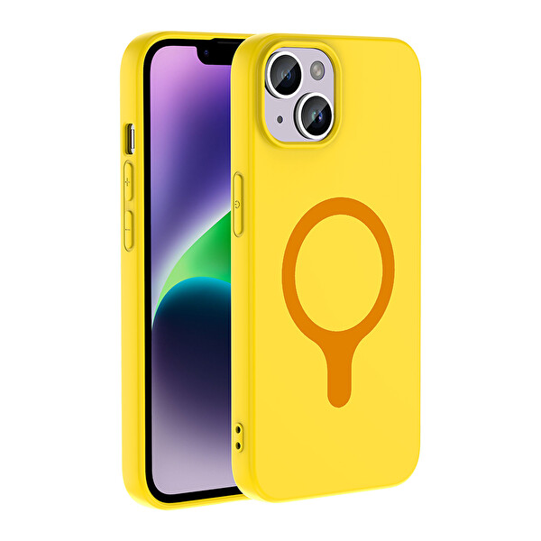 Başkenttekno iPhone 14 Kılıf M-Safe Şarj Özellikli Kamera Korumali Premium Soft Aris Silikon Kapak Sarı