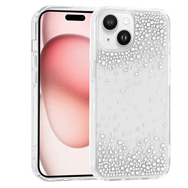 Başkenttekno iPhone 15 Kılıf Airbag Tasarımlı Damla Taşlı Şeffaf Pera Silikon Kapak Şeffaf