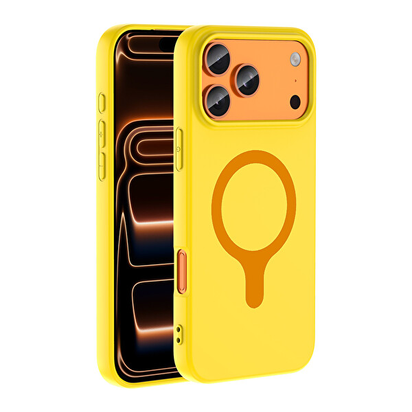 Başkenttekno iPhone 17 Pro Kılıf M-Safe Şarj Özellikli Kamera Korumali Premium Soft Aris Silikon Kapak Sarı