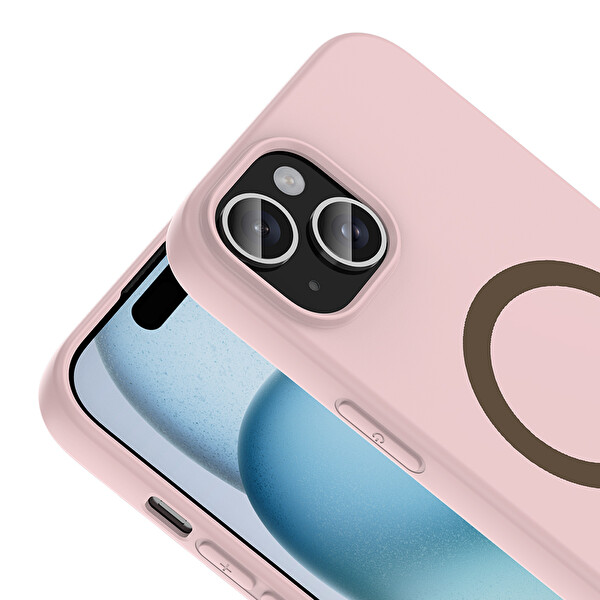 Başkenttekno iPhone 15 Kılıf M-Safe Şarj Özellikli Kamera Korumali Premium Soft Aris Silikon Kapak Açık Pembe