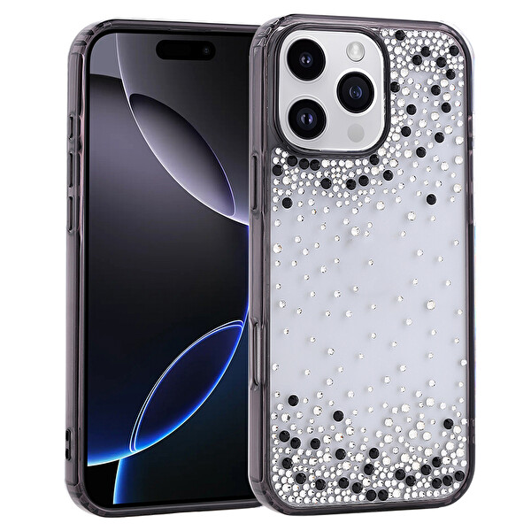 Başkenttekno iPhone 16 Pro Max Kılıf Airbag Tasarımlı Damla Taşlı Şeffaf Pera Silikon Kapak Siyah