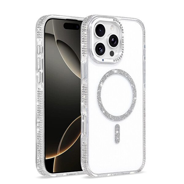 Başkenttekno iPhone 16 Pro Max Kılıf Premium M-Safe Şarj Özellikli Şeffaf Kenari Taşli Simli Tera Silikon Kapak Şeffaf