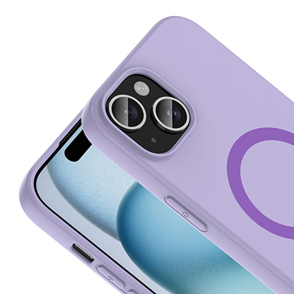 Başkenttekno iPhone 15 Kılıf M-Safe Şarj Özellikli Kamera Korumali Premium Soft Aris Silikon Kapak Lila