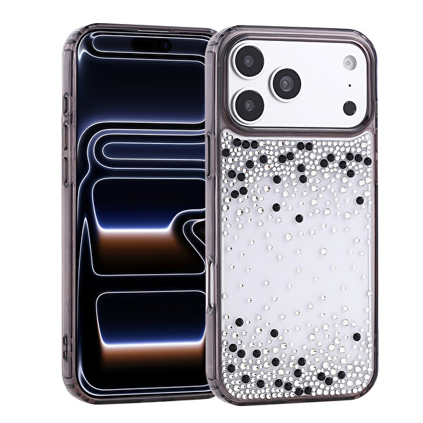 Başkenttekno iPhone 17 Pro Max Kılıf Airbag Tasarımlı Damla Taşlı Şeffaf Pera Silikon Kapak Siyah