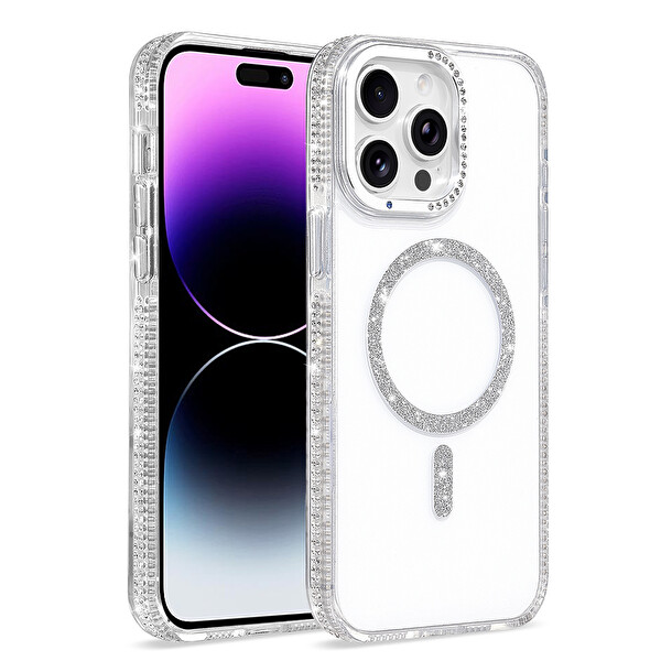 Başkenttekno iPhone 14 Pro Max Kılıf Premium M-Safe Şarj Özellikli Şeffaf Kenari Taşli Simli Tera Silikon Kapak Şeffaf