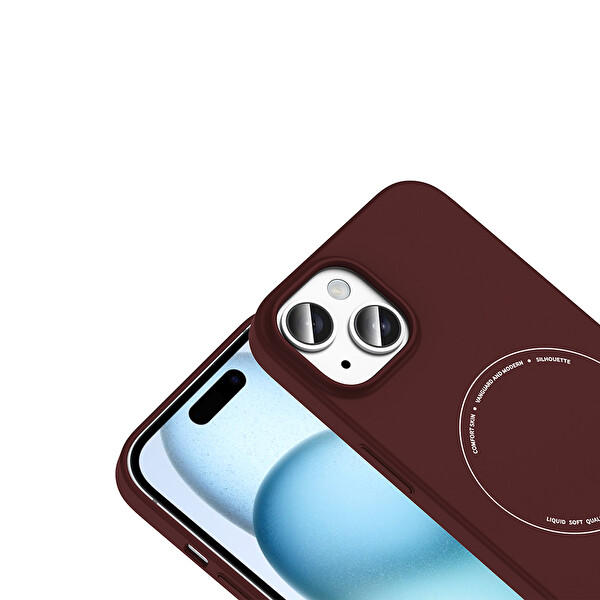 Başkenttekno iPhone 15 Kılıf M-Safe Şarj Özellikli Kamera Korumalı Premium Elio Sert PC Kapak Bordo