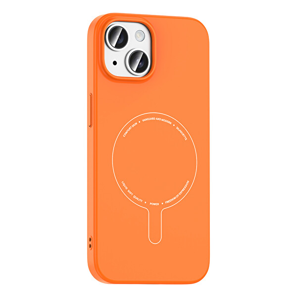Başkenttekno iPhone 15 Kılıf M-Safe Şarj Özellikli Kamera Korumalı Premium Elio Sert PC Kapak Turuncu