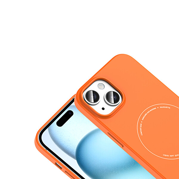 Başkenttekno iPhone 15 Kılıf M-Safe Şarj Özellikli Kamera Korumalı Premium Elio Sert PC Kapak Turuncu