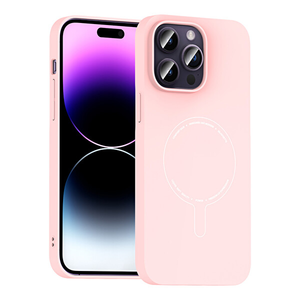 Başkenttekno iPhone 14 Pro Max Kılıf M-Safe Şarj Özellikli Kamera Korumalı Premium Elio Sert PC Kapak Açık Pembe