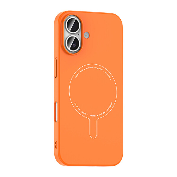 Başkenttekno iPhone 16 Kılıf M-Safe Şarj Özellikli Kamera Korumalı Premium Elio Sert PC Kapak Turuncu